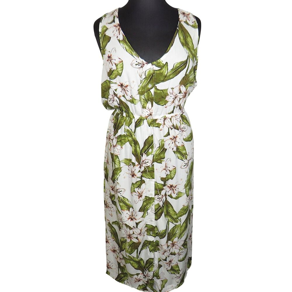 Purple Rain Floral Hawaiian Print Button Front Woven Midi Dress Plus Size 3X